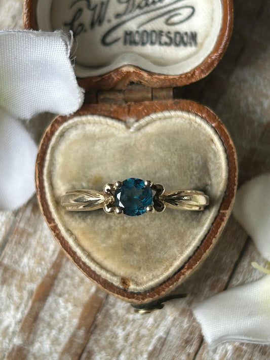 Vintage London Blue Topaz Solitaire Ring 9 Carat Yellow Gold