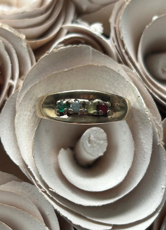 Vintage Emerald Topaz Peridot and Ruby Band Ring 9 Carat Yellow Gold