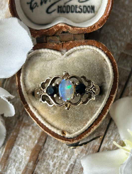 Vintage Opal and Sapphire Scroll Ring 9 Carat Yellow Gold