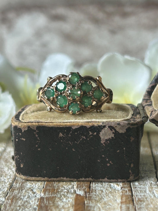 Vintage Ornate Emerald Floral Cluster Ring 9 Carat Yellow Gold 1977