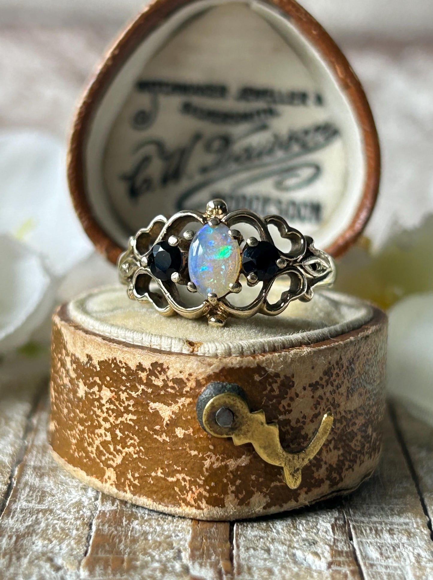 Vintage Opal and Sapphire Scroll Ring 9 Carat Yellow Gold