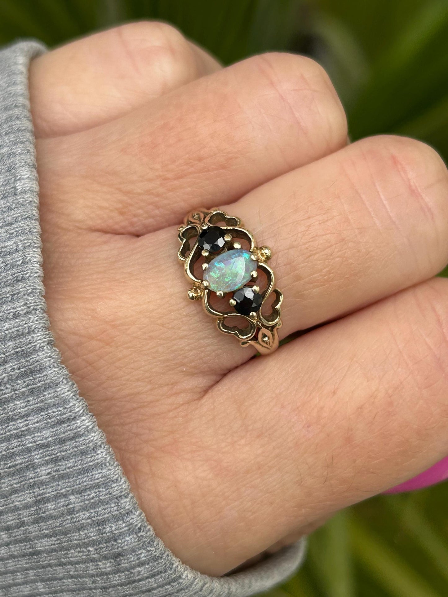 Vintage Opal and Sapphire Scroll Ring 9 Carat Yellow Gold