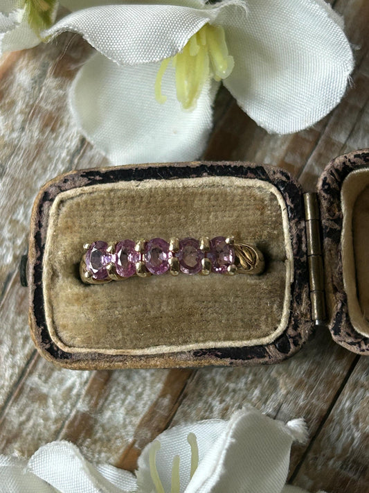 Vintage Pink Sapphire Five Stone Ring 9 Carat Yellow Gold