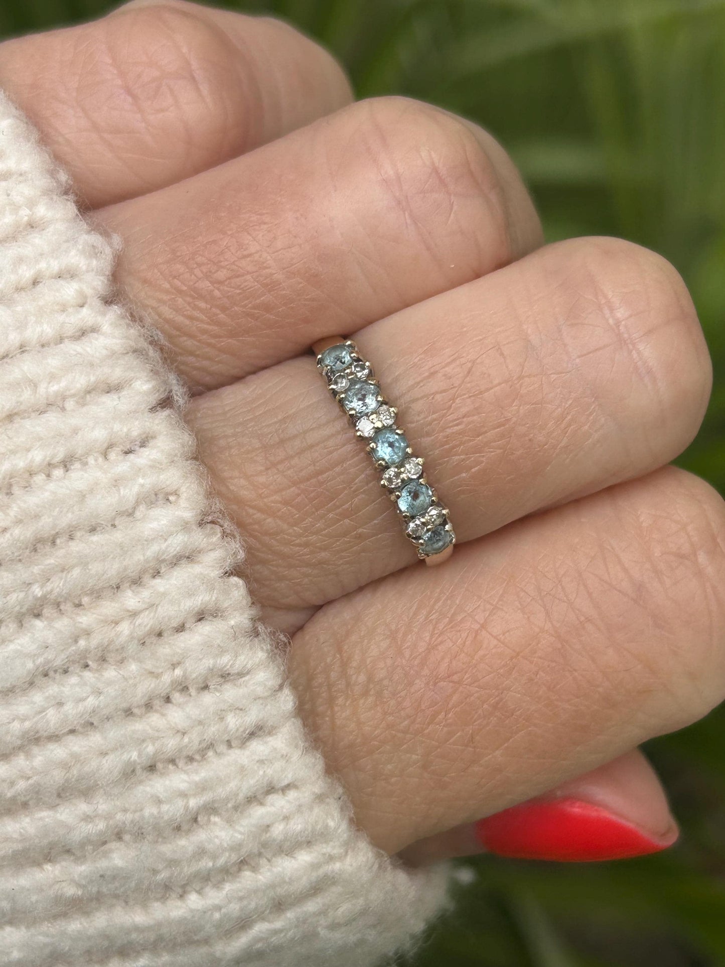 Vintage Aquamarine and Diamond Band Ring 9 Carat Yellow Gold