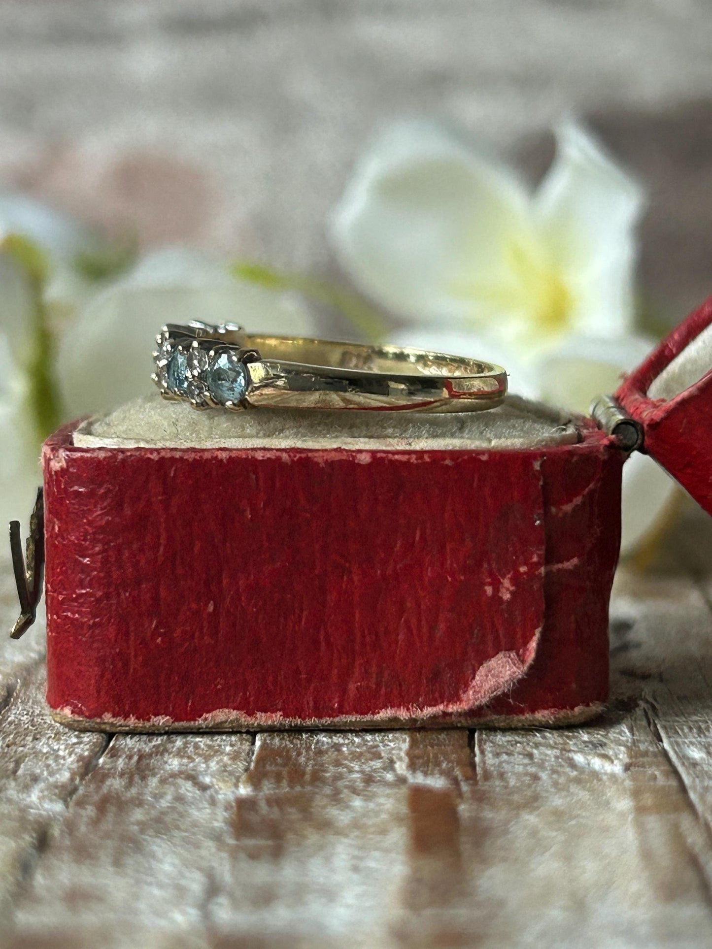 Vintage Aquamarine and Diamond Band Ring 9 Carat Yellow Gold