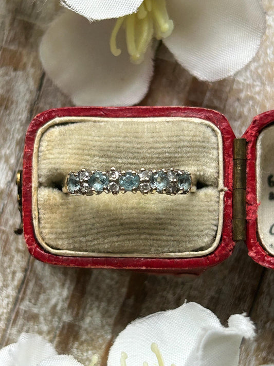 Vintage Aquamarine and Diamond Band Ring 9 Carat Yellow Gold