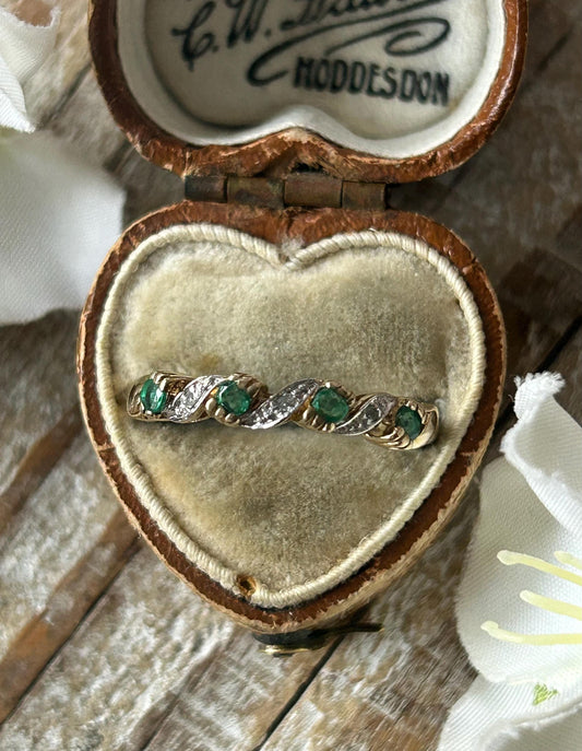 Vintage Emerald and Diamond Eternity Ring 9 Carat Yellow Gold