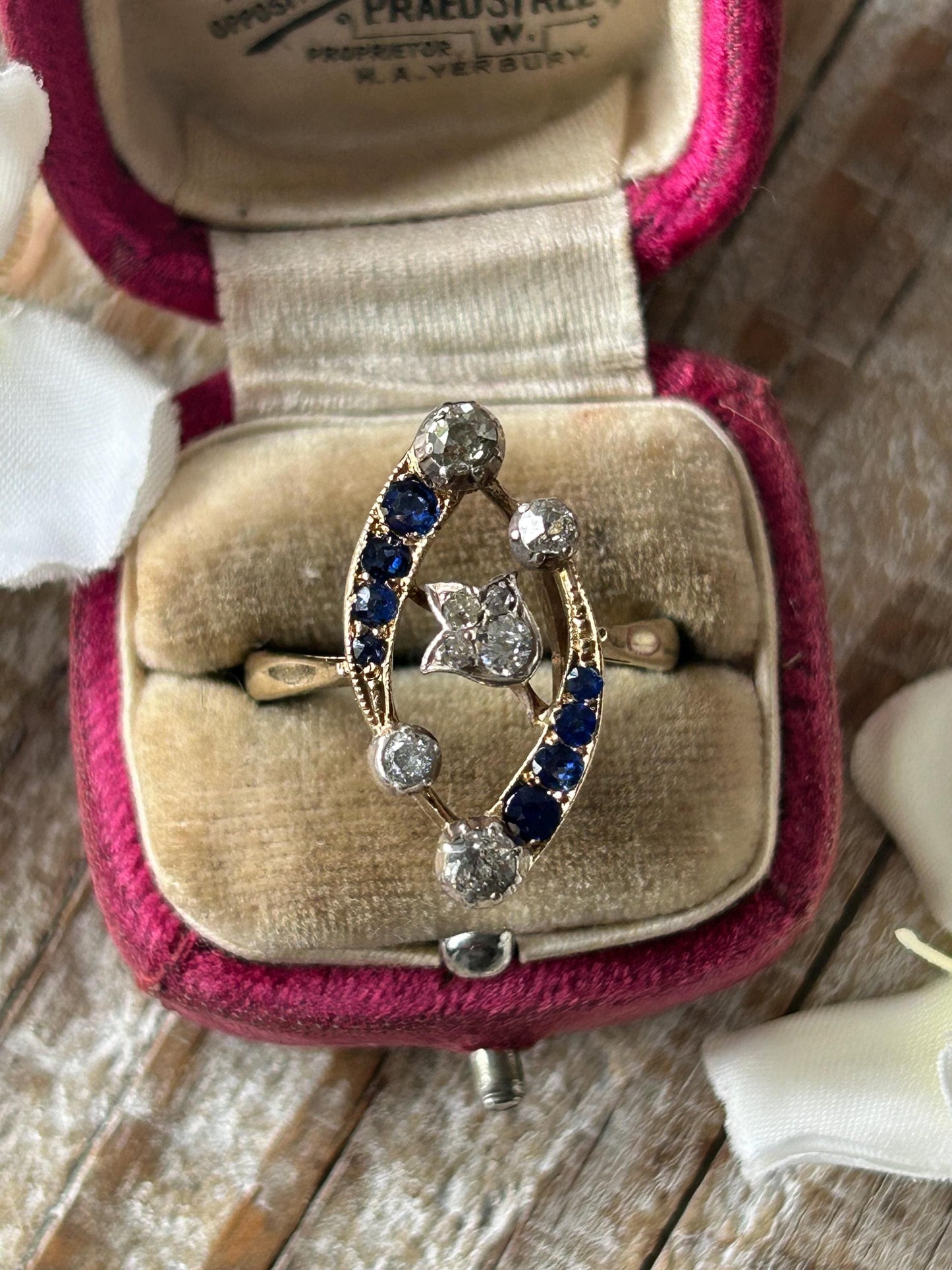 Antique Victorian Sapphire and Diamond Tulip Statement Ring 9 Carat Yellow Gold