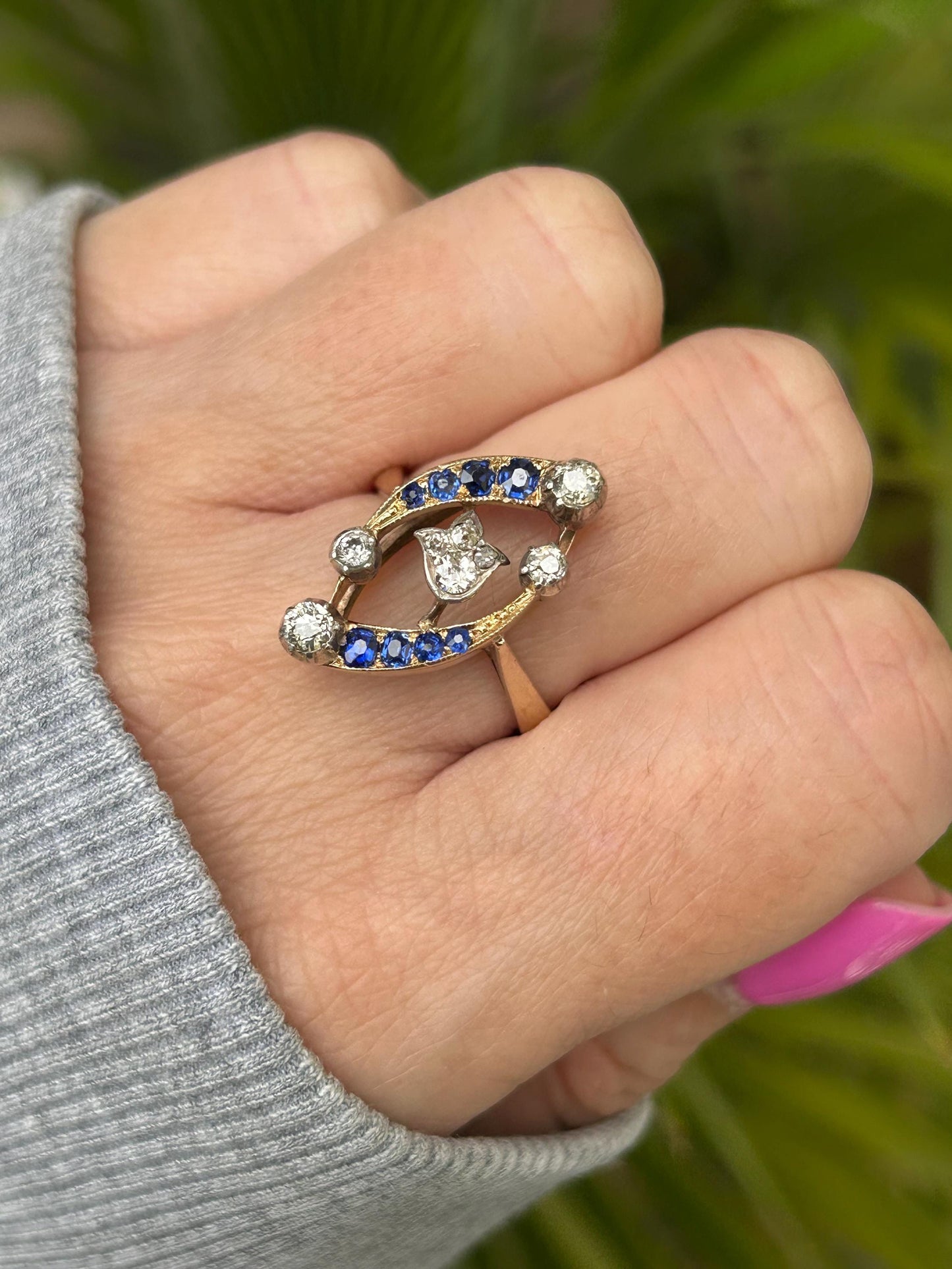 Antique Victorian Sapphire and Diamond Tulip Statement Ring 9 Carat Yellow Gold
