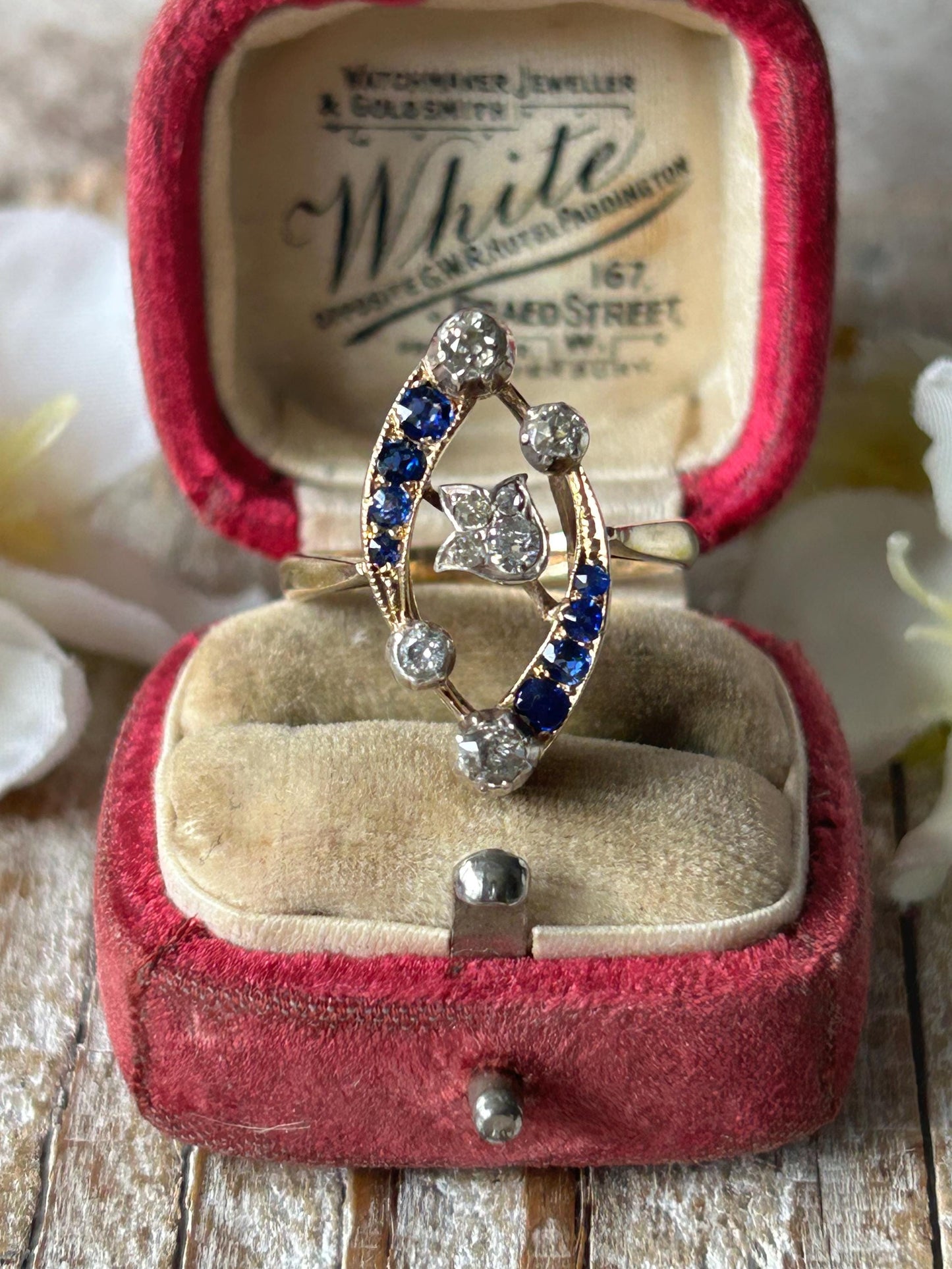 Antique Victorian Sapphire and Diamond Tulip Statement Ring 9 Carat Yellow Gold