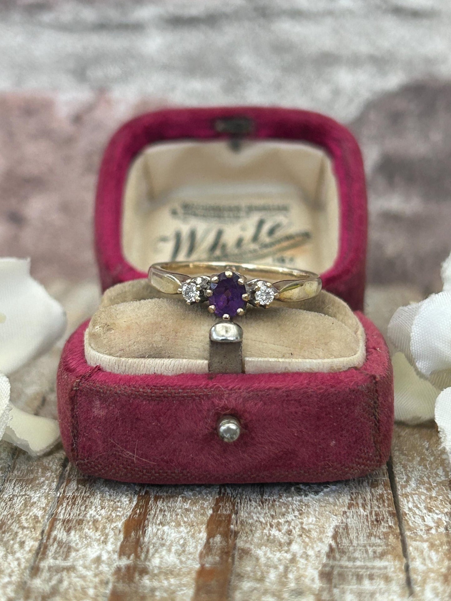 Vintage Amethyst and Diamond Three Stone Ring 9 Carat Yellow Gold