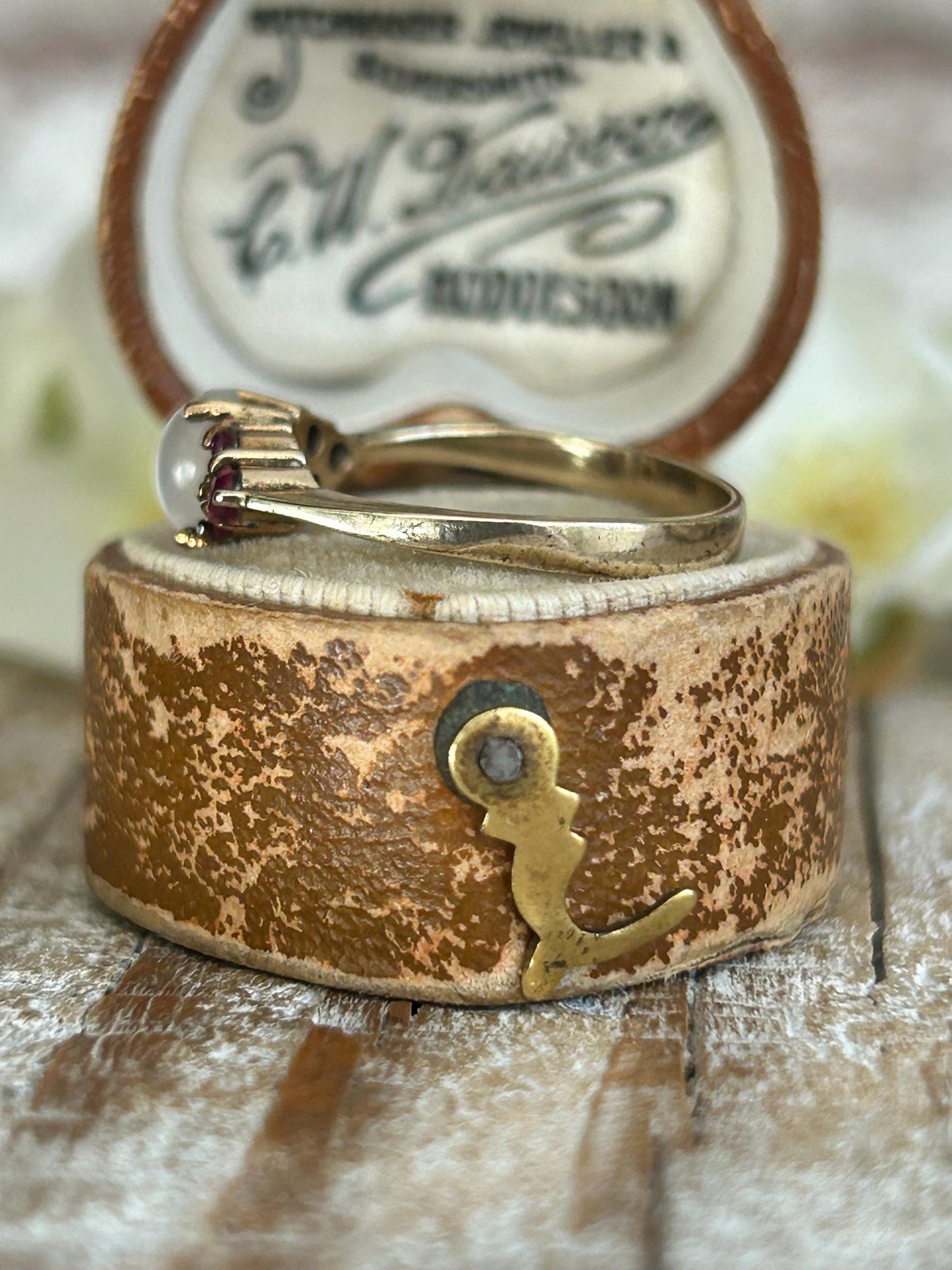 Vintage Moonstone and Ruby Cluster Ring 9 Carat Yellow Gold