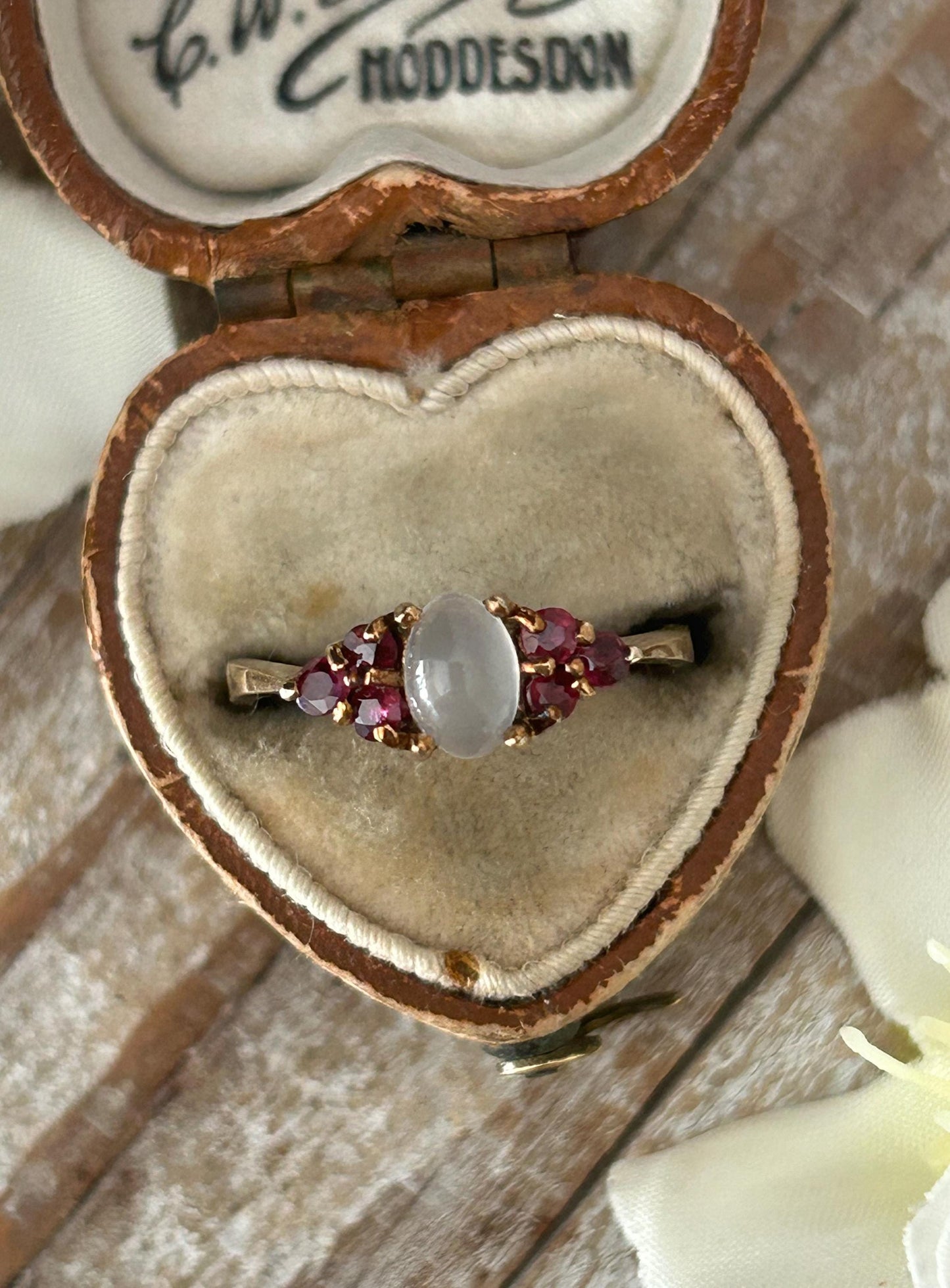 Vintage Moonstone and Ruby Cluster Ring 9 Carat Yellow Gold