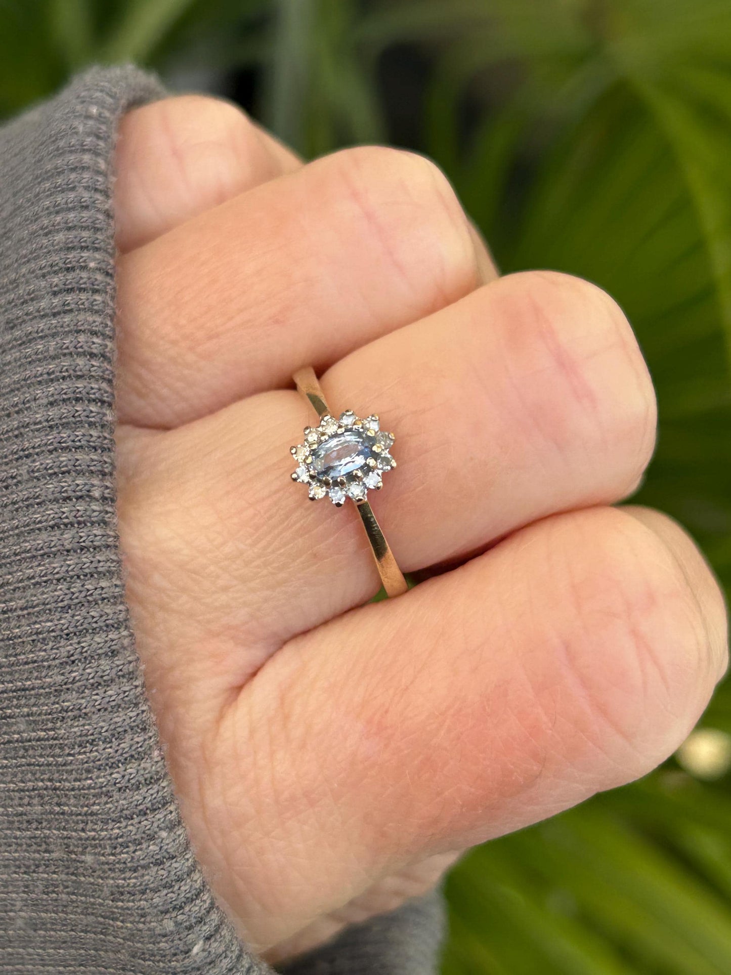 Vintage Blue Sapphire and Diamond Halo Ring 9 Carat Yellow Gold