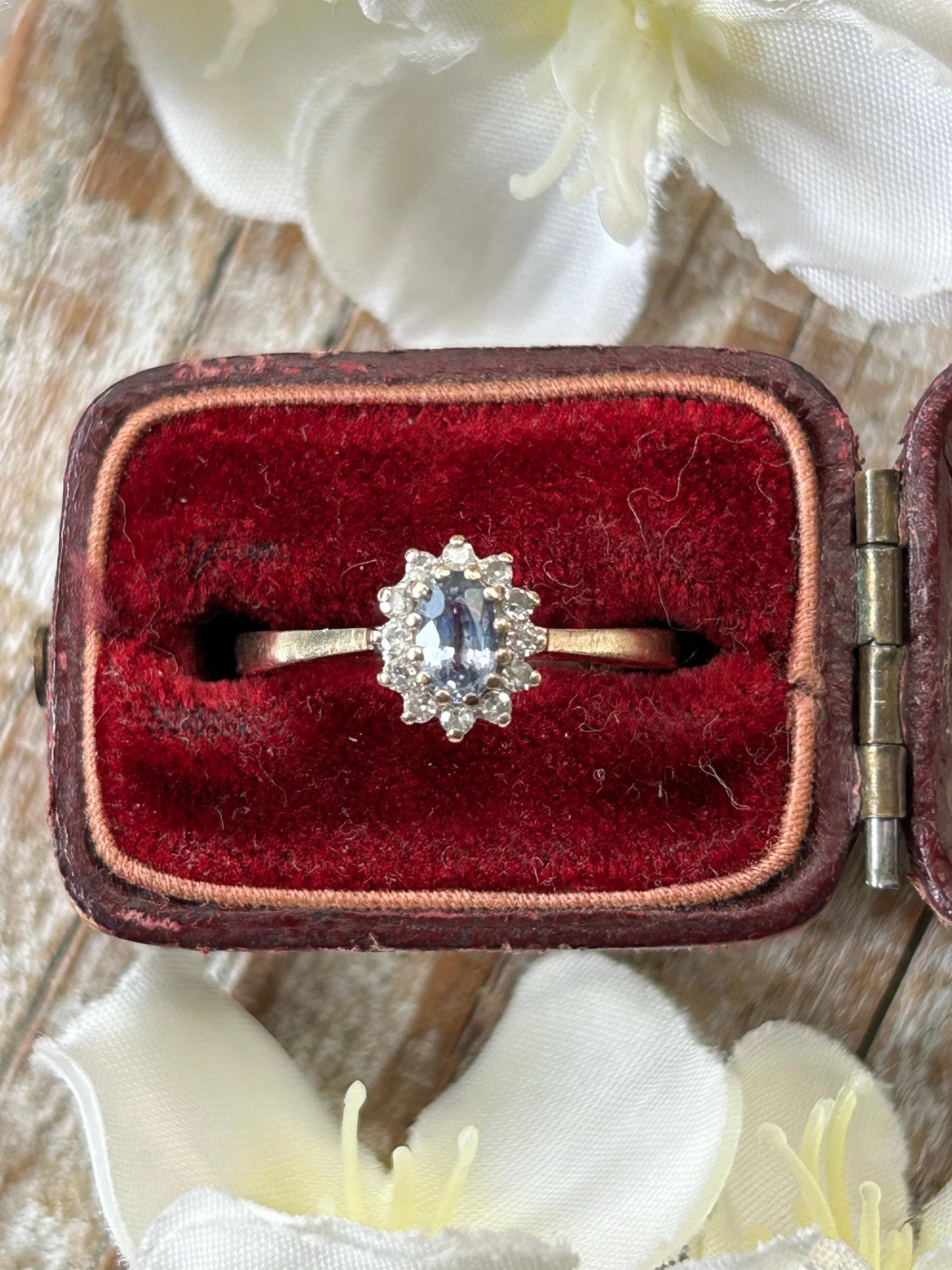 Vintage Blue Sapphire and Diamond Halo Ring 9 Carat Yellow Gold