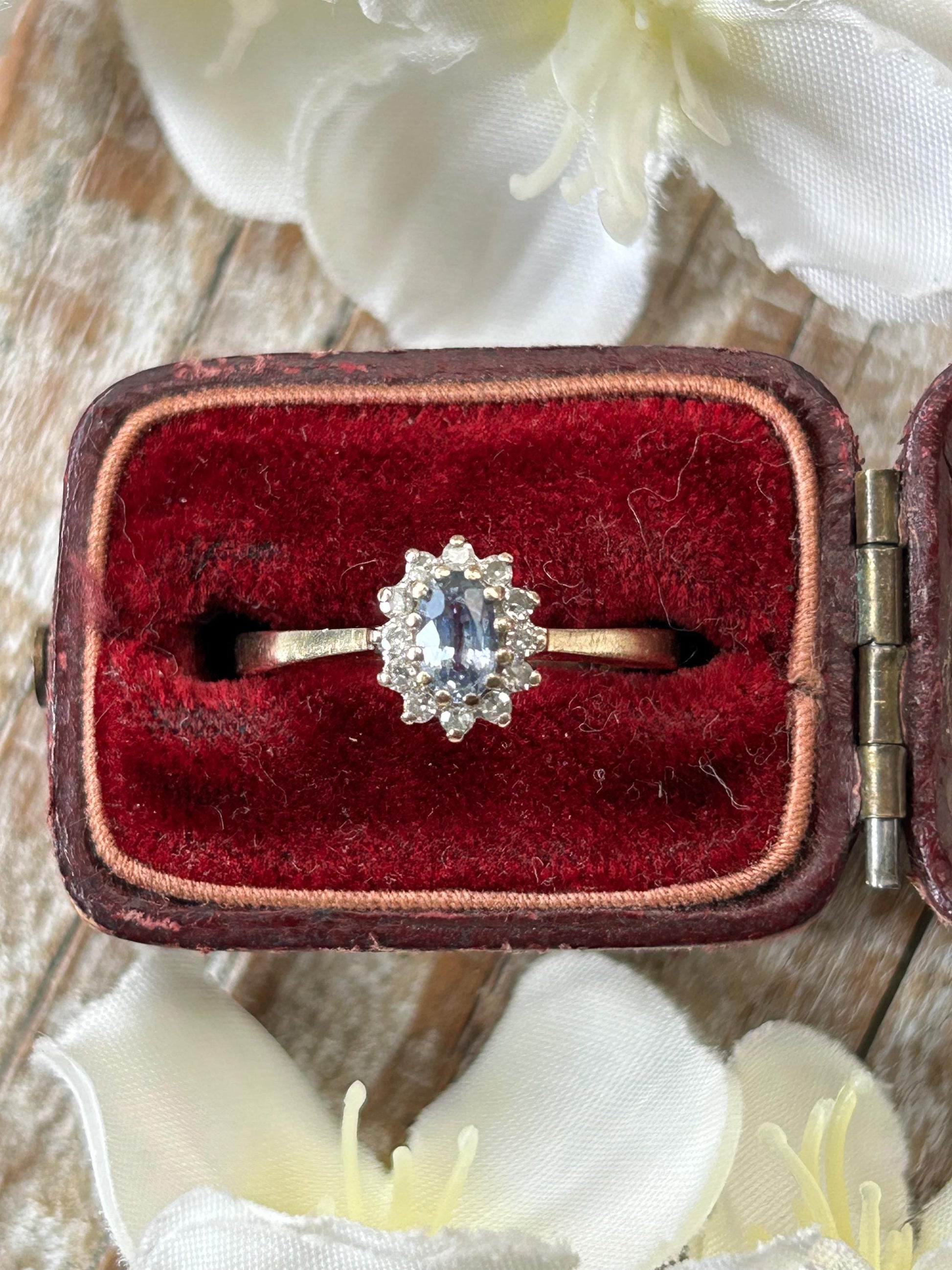 Vintage Blue Sapphire and Diamond Halo Ring 9 Carat Yellow Gold