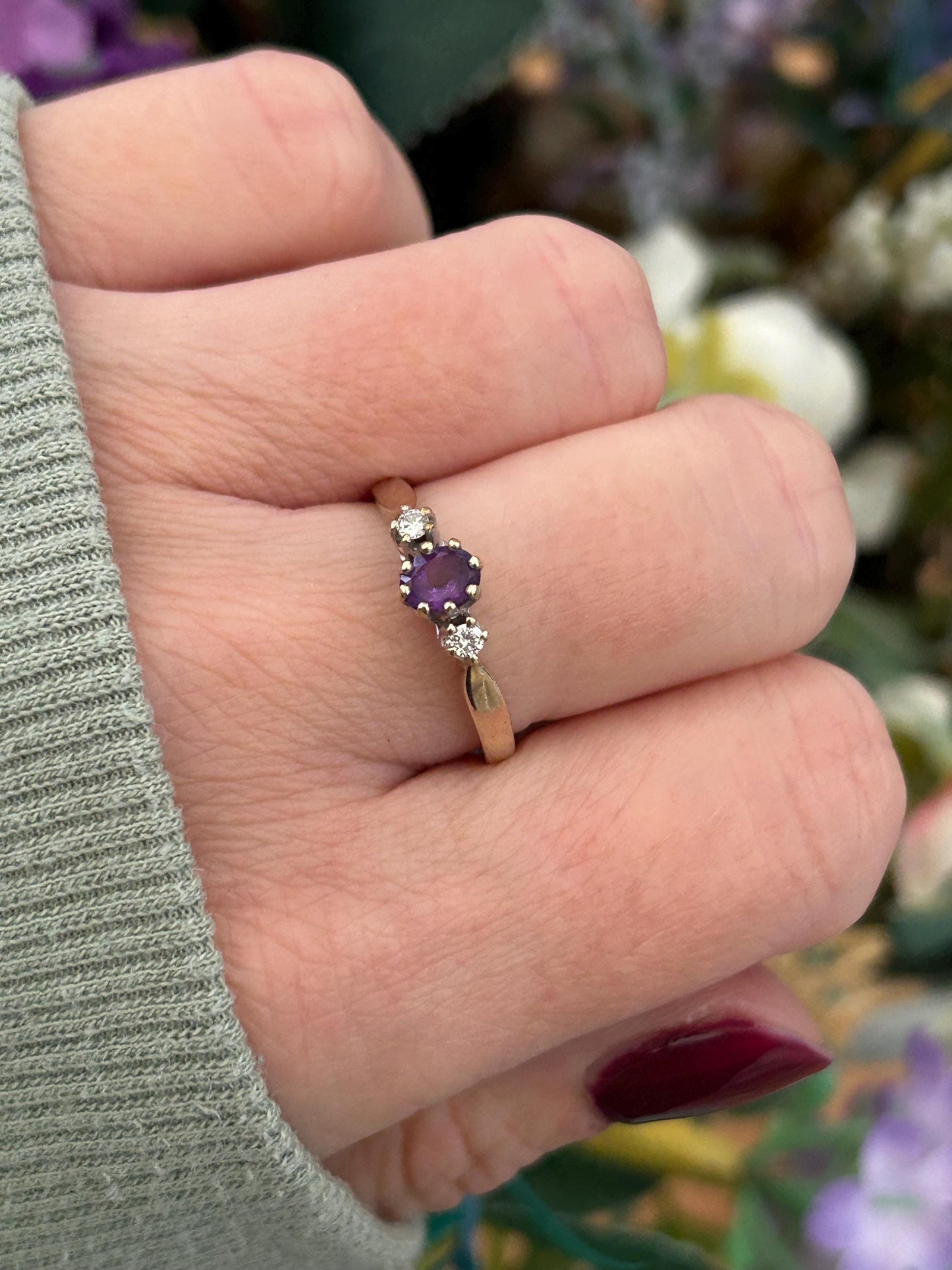 Vintage Amethyst and Diamond Three Stone Ring 9 Carat Yellow Gold