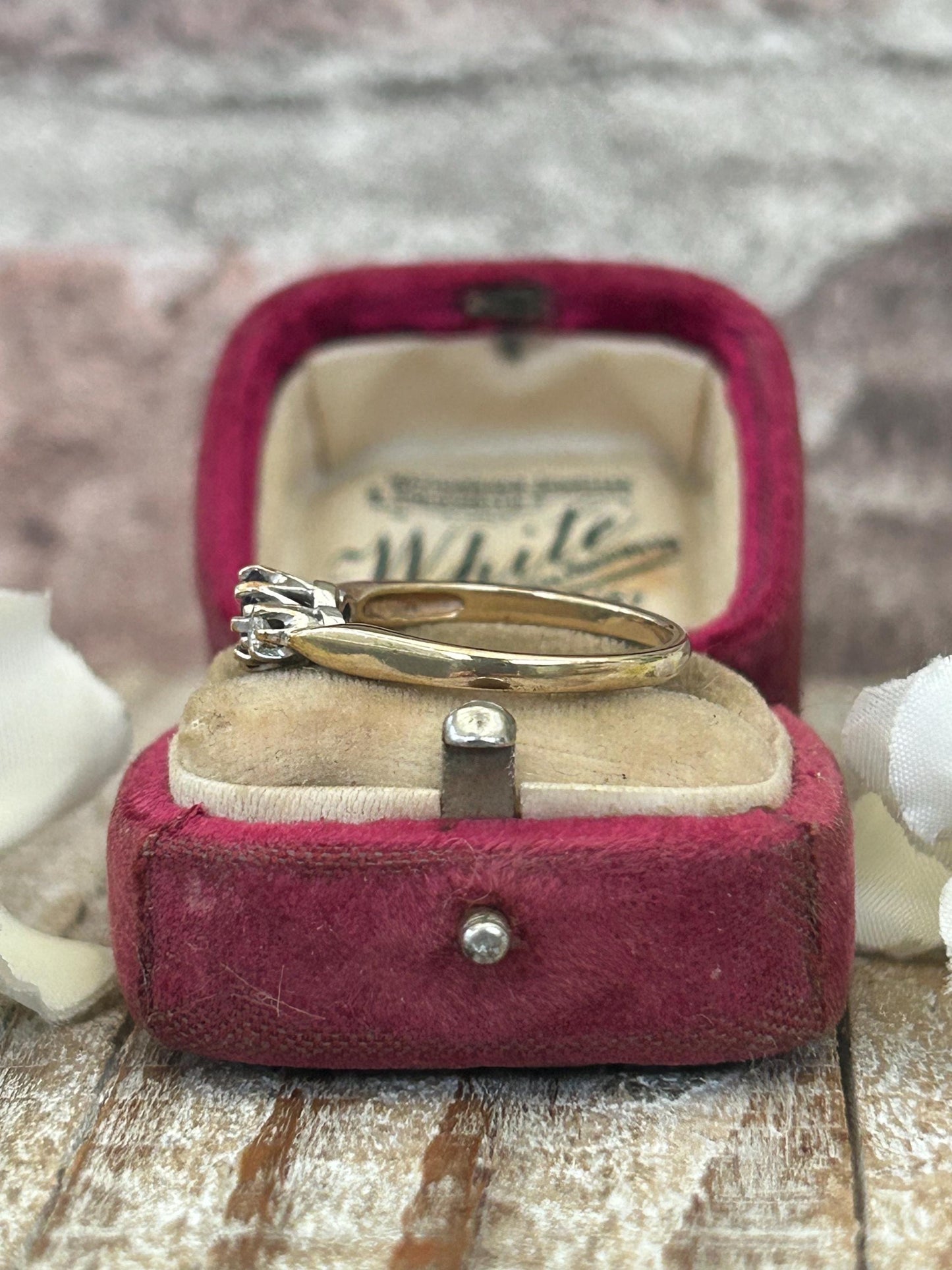 Vintage Amethyst and Diamond Three Stone Ring 9 Carat Yellow Gold