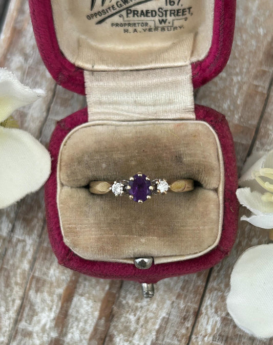 Vintage Amethyst and Diamond Three Stone Ring 9 Carat Yellow Gold