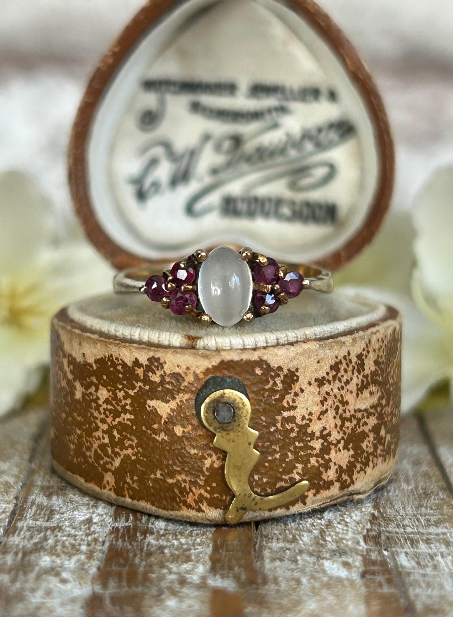 Vintage Moonstone and Ruby Cluster Ring 9 Carat Yellow Gold