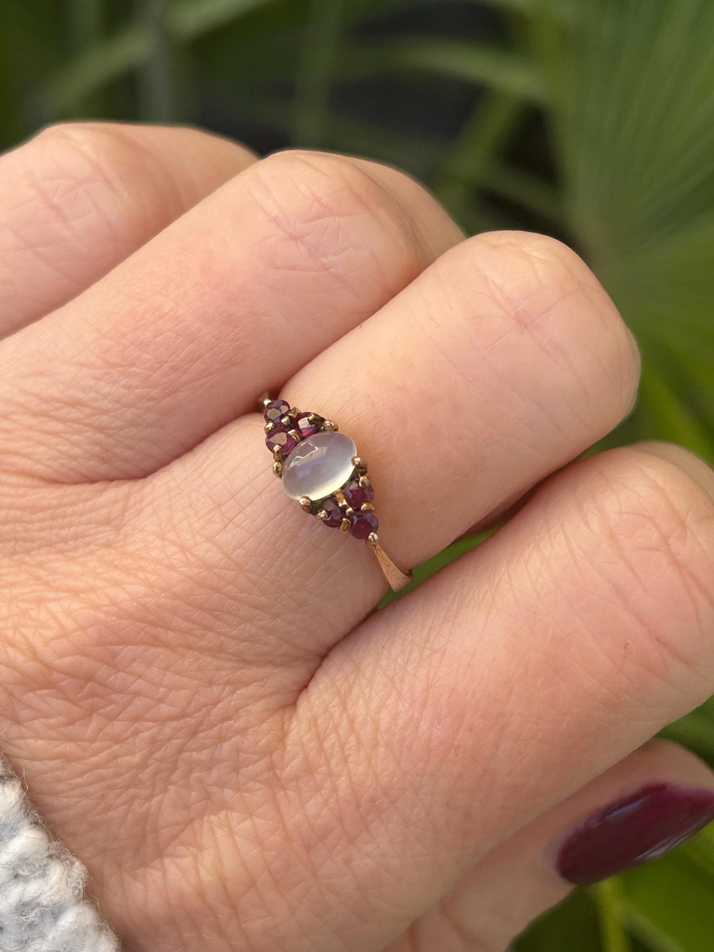 Vintage Moonstone and Ruby Cluster Ring 9 Carat Yellow Gold