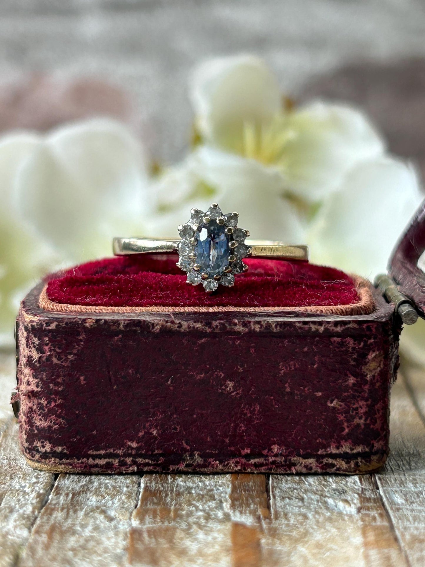 Vintage Blue Sapphire and Diamond Halo Ring 9 Carat Yellow Gold