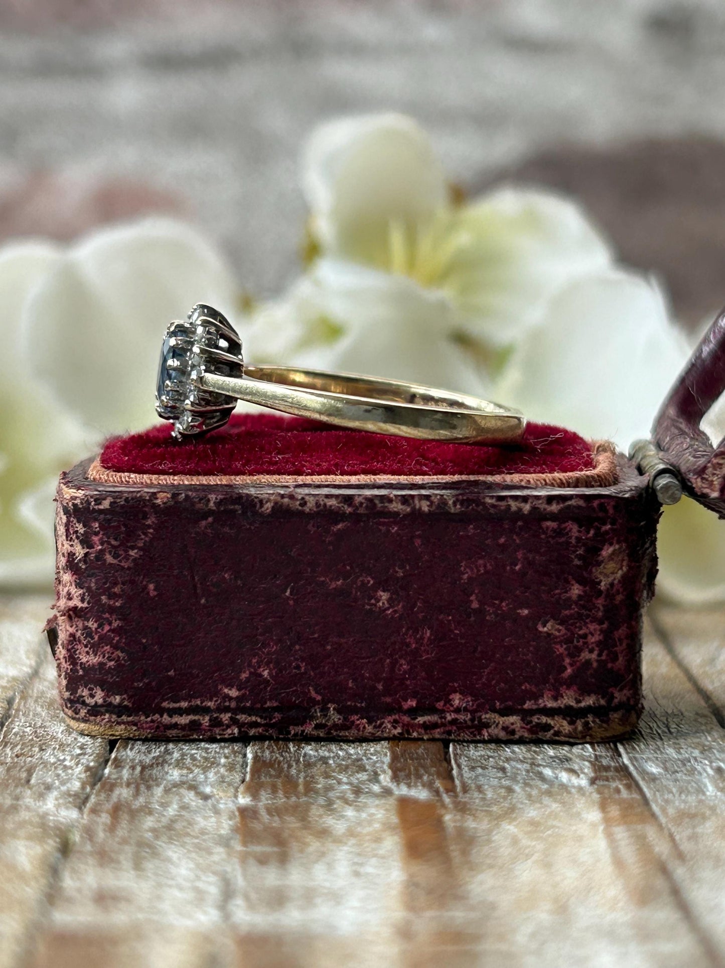 Vintage Blue Sapphire and Diamond Halo Ring 9 Carat Yellow Gold