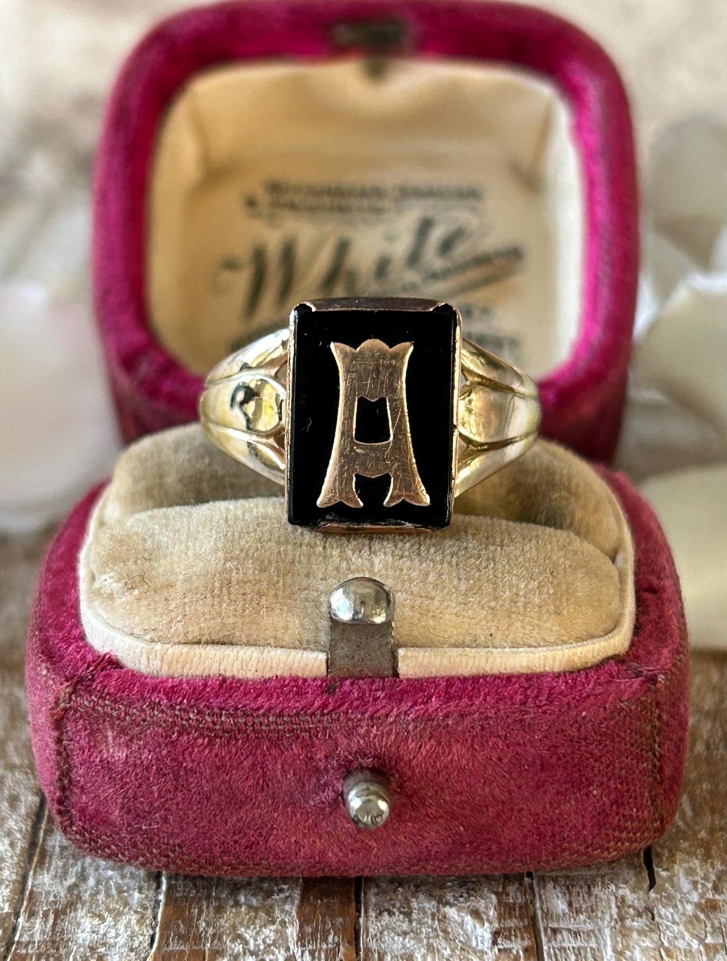 Antique Onyx Initial A Monogram Signet Ring 9 Carat Yellow Gold Art Deco Era