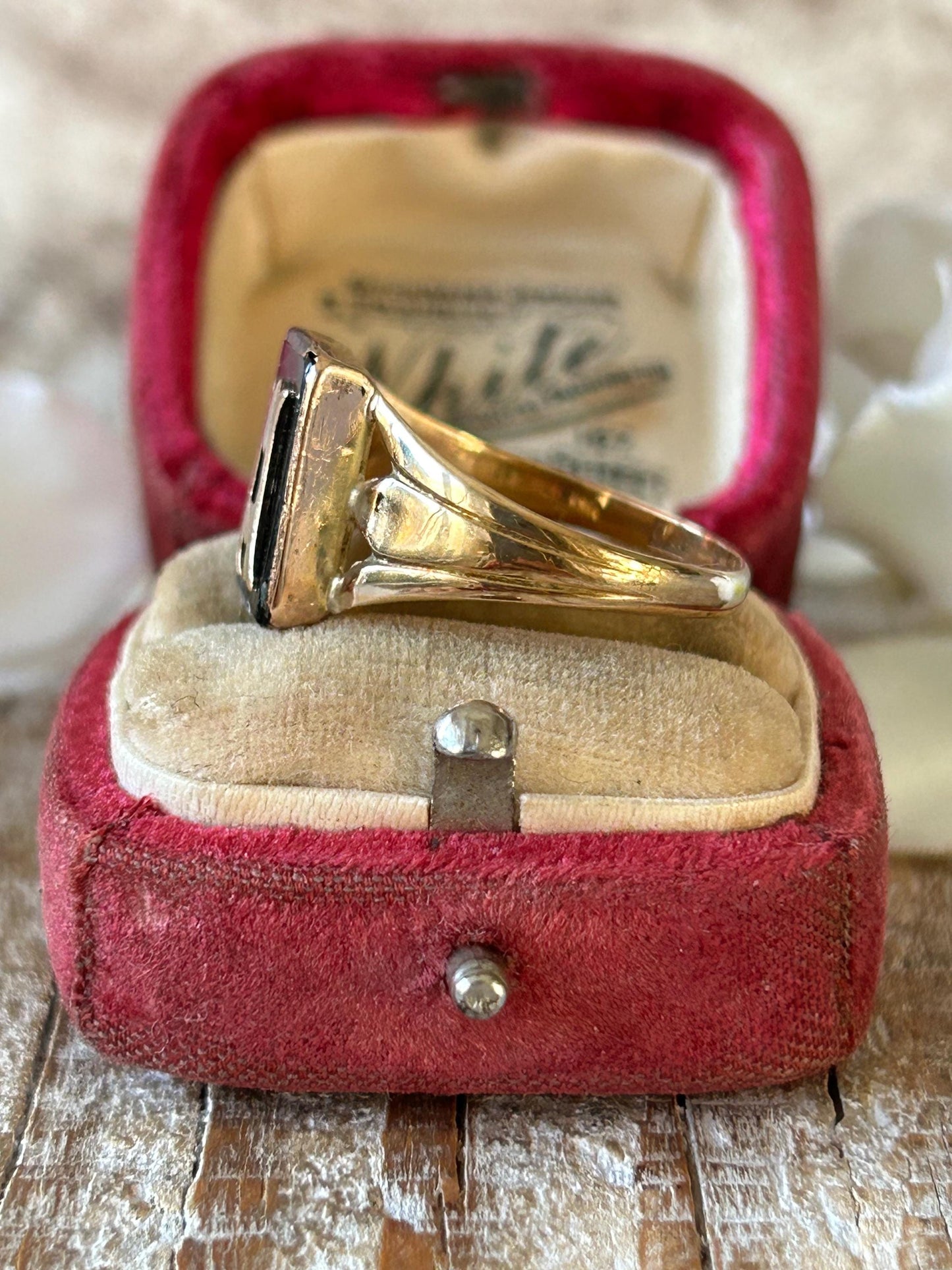 Antique Onyx Initial A Monogram Signet Ring 9 Carat Yellow Gold Art Deco Era