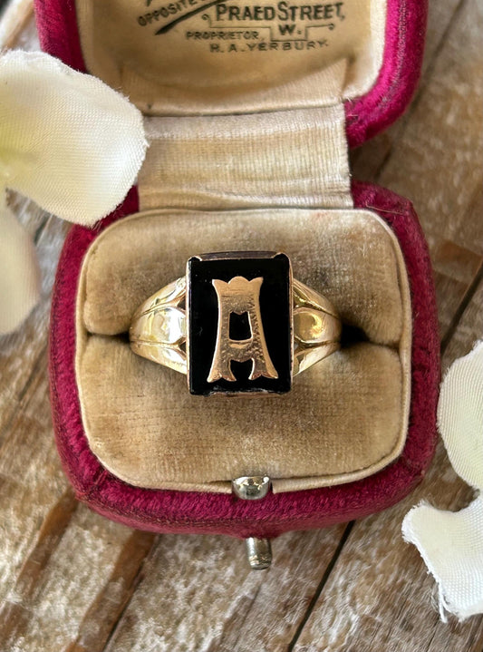 Antique Onyx Initial A Monogram Signet Ring 9 Carat Yellow Gold Art Deco Era