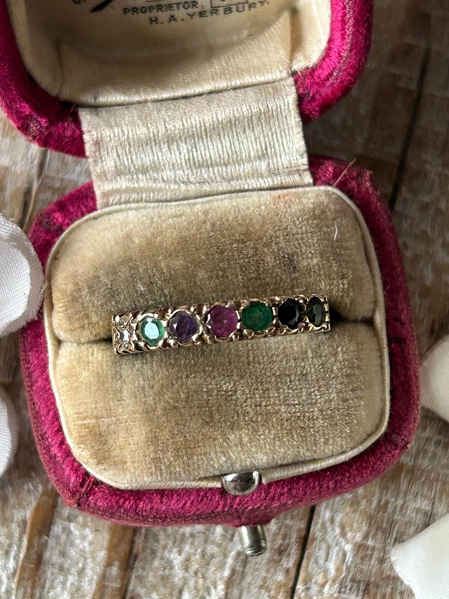 Vintage DEAREST Acrostic Gemstone Ring 9 Carat Yellow Gold 1980s