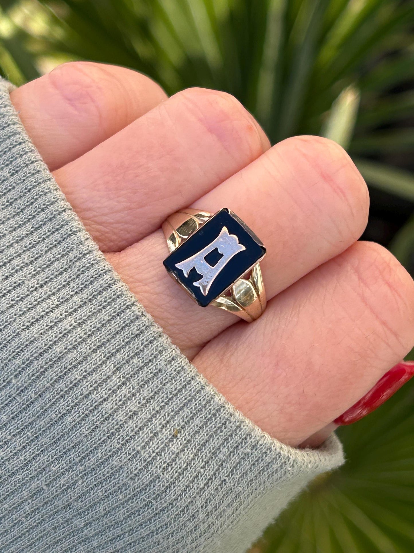 Antique Onyx Initial A Monogram Signet Ring 9 Carat Yellow Gold Art Deco Era