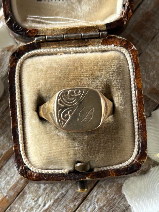Vintage Monogram Initial B Square Signet Ring 9 Carat Yellow Gold
