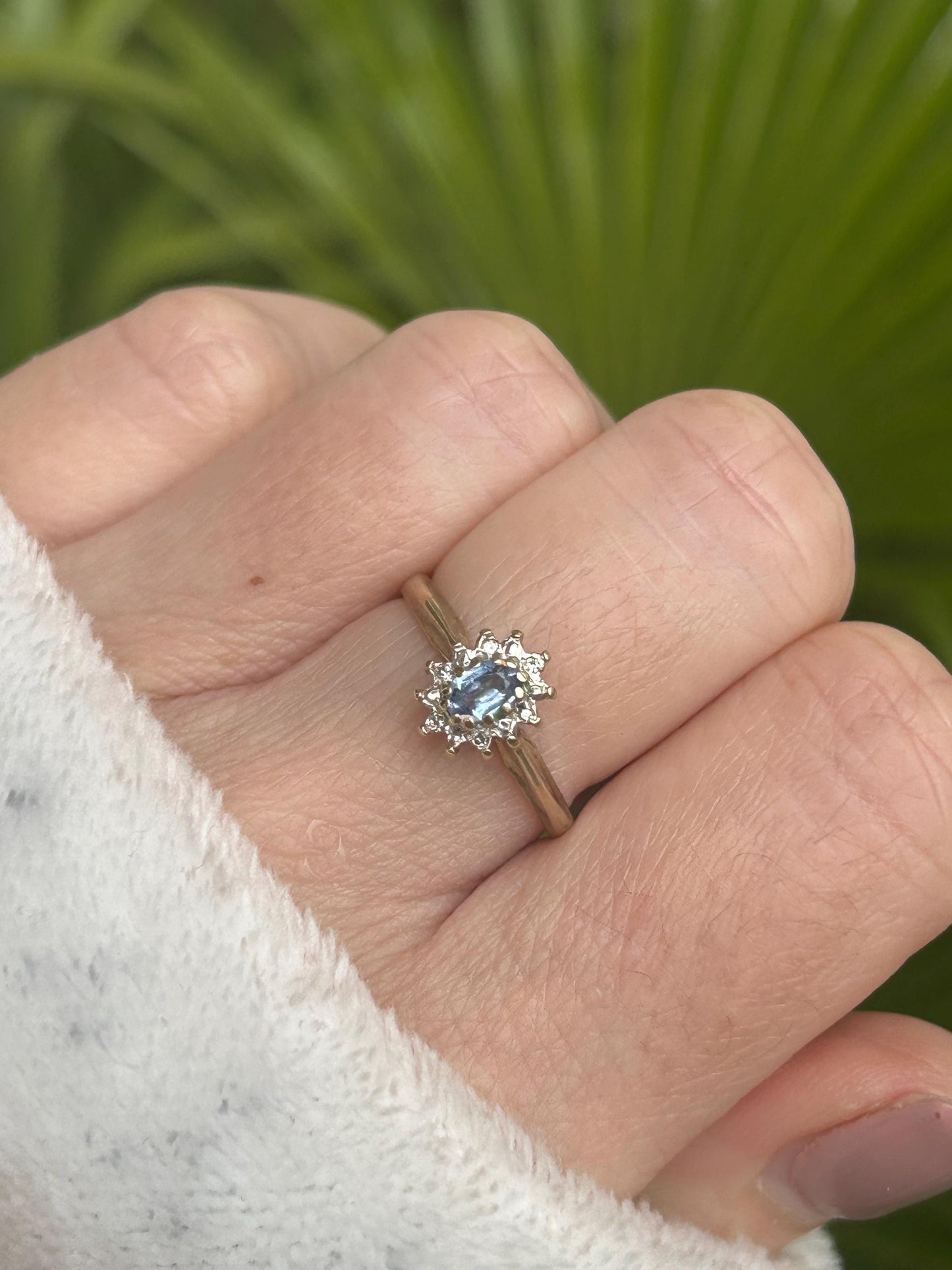 Vintage Blue Sapphire and Diamond Halo Ring 9 Carat Yellow Gold