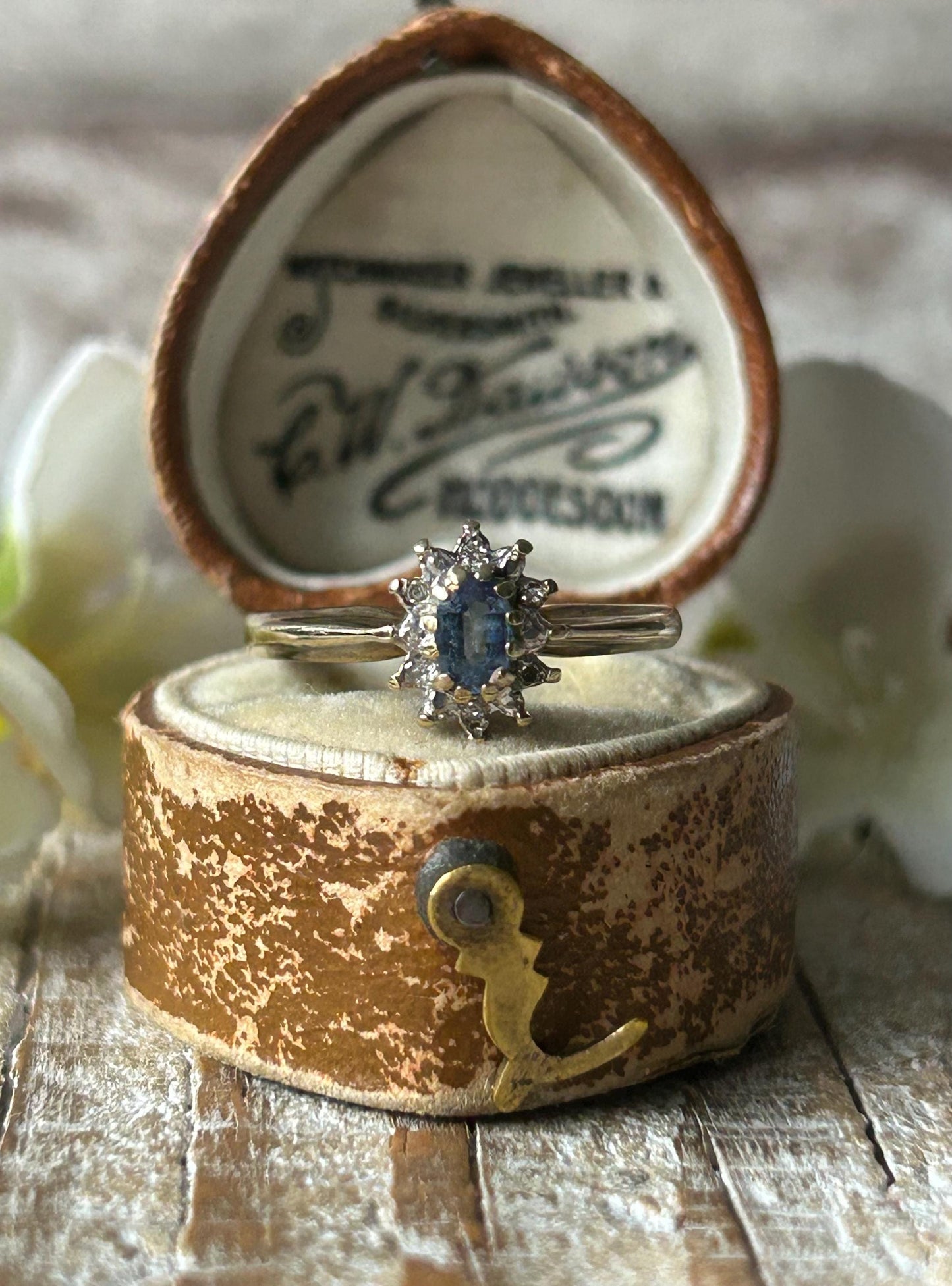 Vintage Blue Sapphire and Diamond Halo Ring 9 Carat Yellow Gold