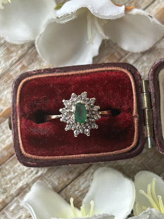 Vintage Emerald and Diamond Double Halo Cluster Ring 9 Carat Gold 1984