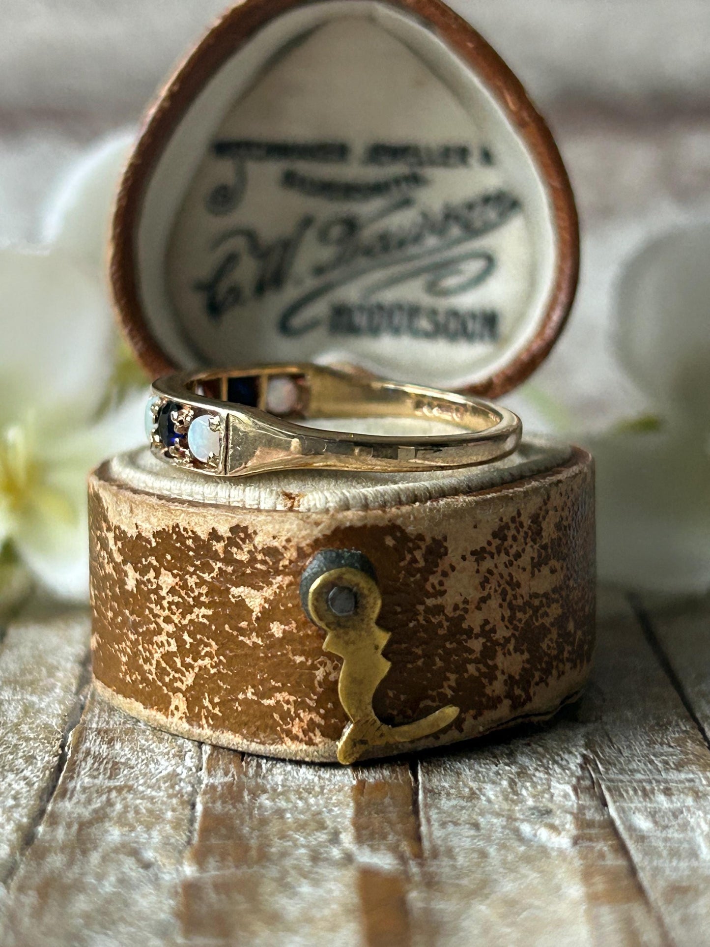 Vintage Sapphire and Opal Band Ring 9 Carat Yellow Gold 1977