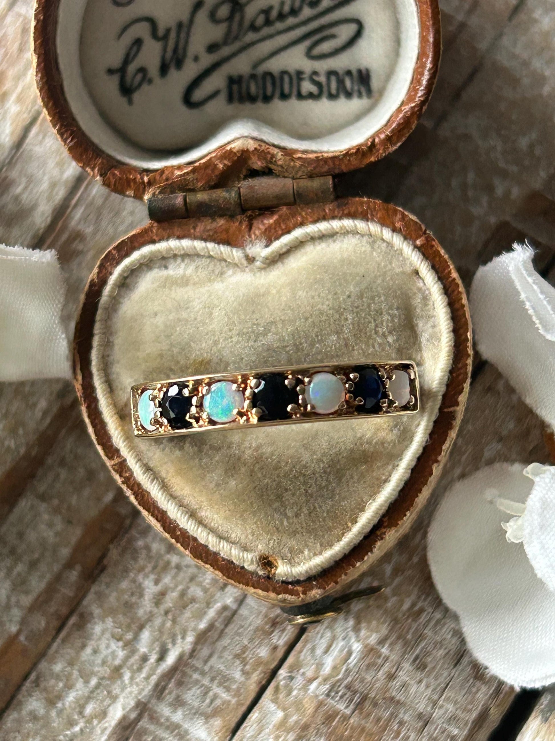 Vintage Sapphire and Opal Band Ring 9 Carat Yellow Gold 1977