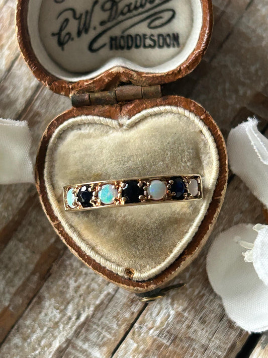 Vintage Sapphire and Opal Band Ring 9 Carat Yellow Gold 1977