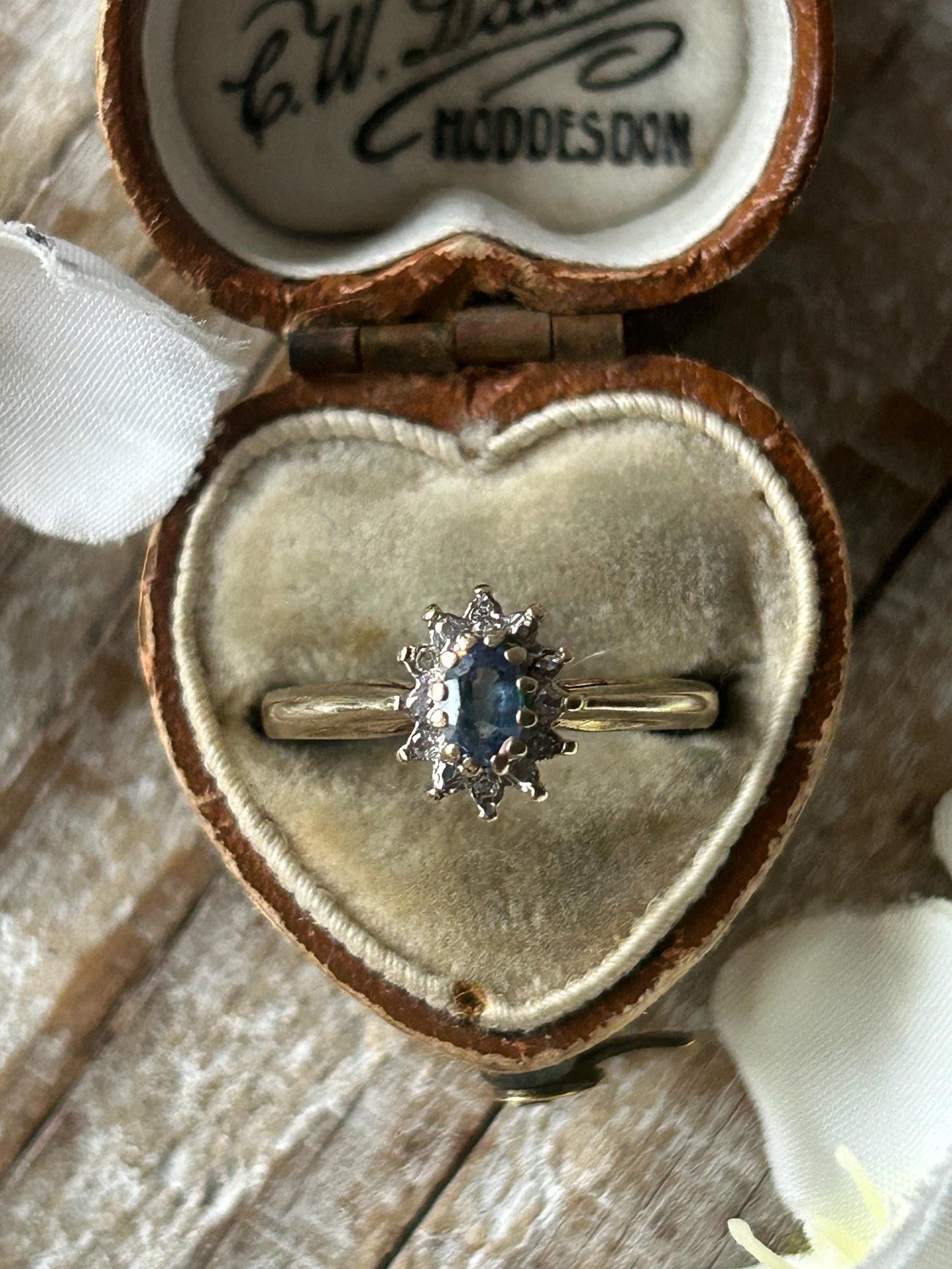 Vintage Blue Sapphire and Diamond Halo Ring 9 Carat Yellow Gold