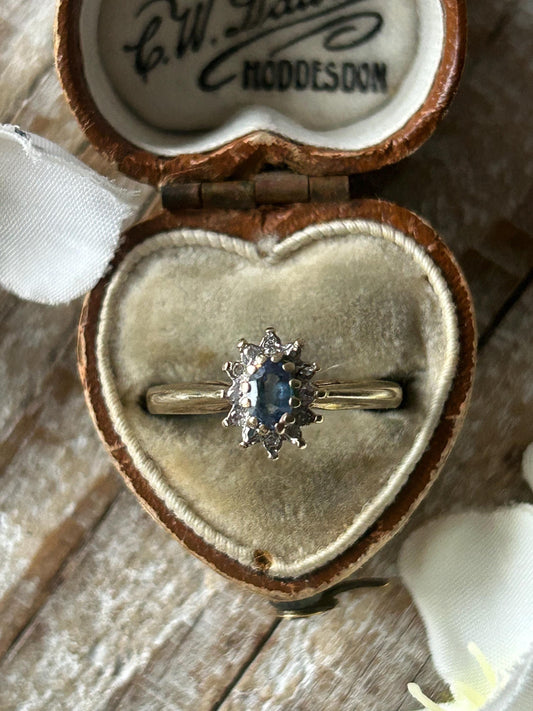 Vintage Blue Sapphire and Diamond Halo Ring 9 Carat Yellow Gold