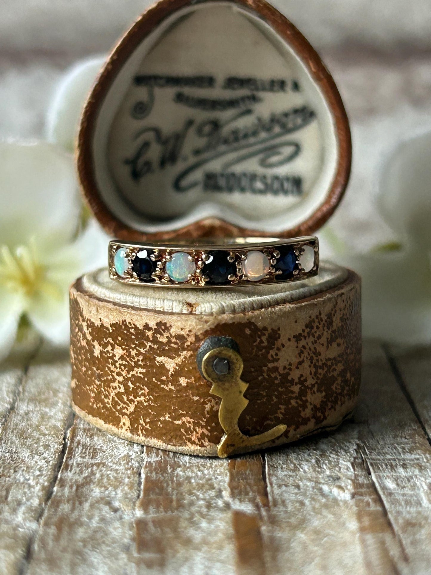 Vintage Sapphire and Opal Band Ring 9 Carat Yellow Gold 1977