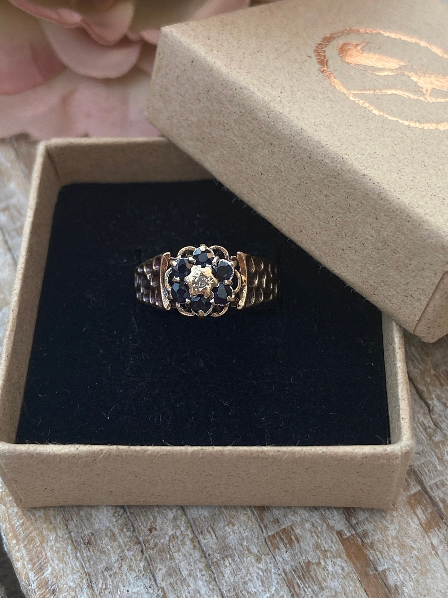 Vintage Sapphire and Diamond Daisy Ring 9 Carat Yellow Gold 1976