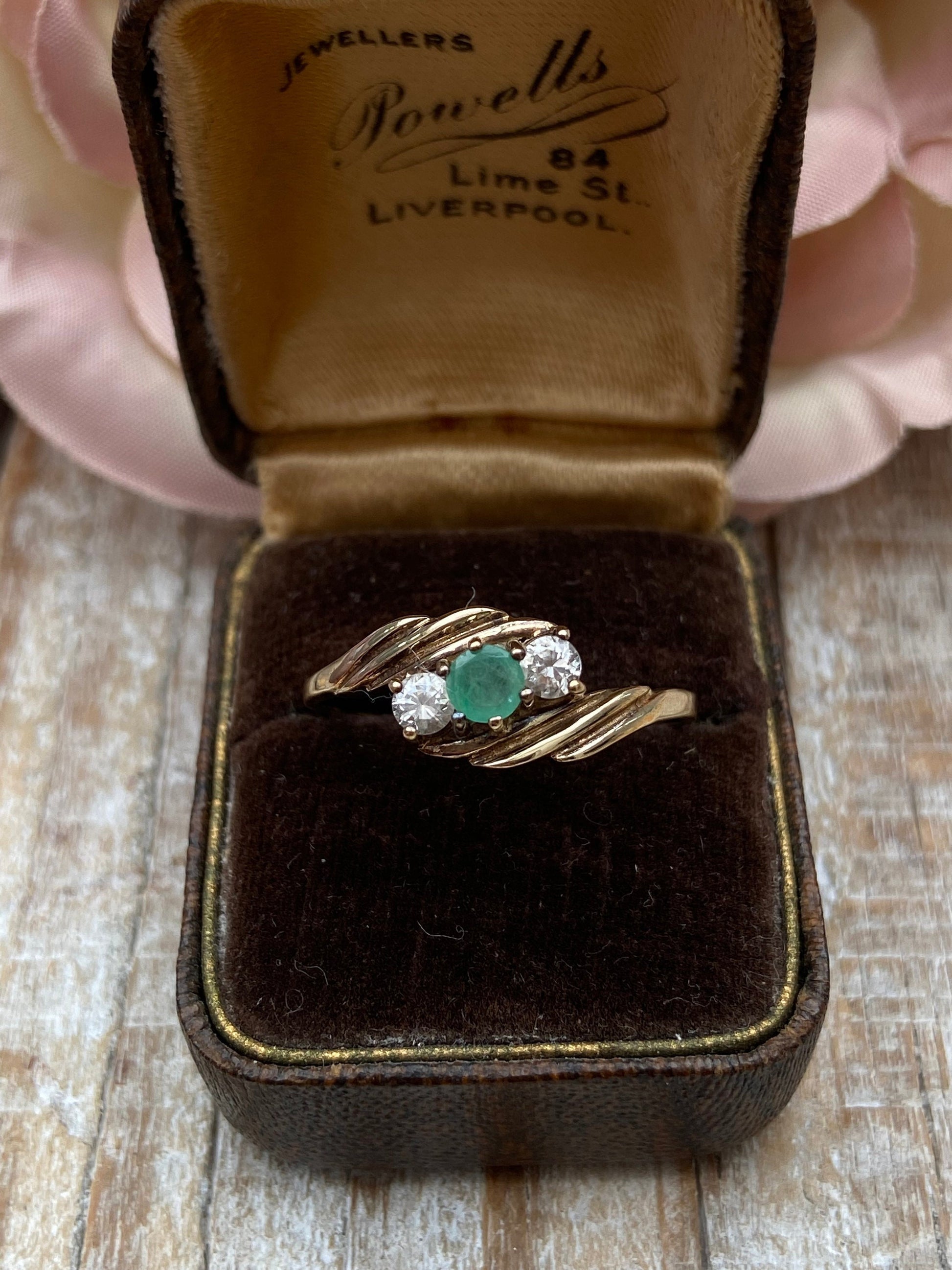 vintage emerald and cubic zirconia 3 stone ring 9 carat gold