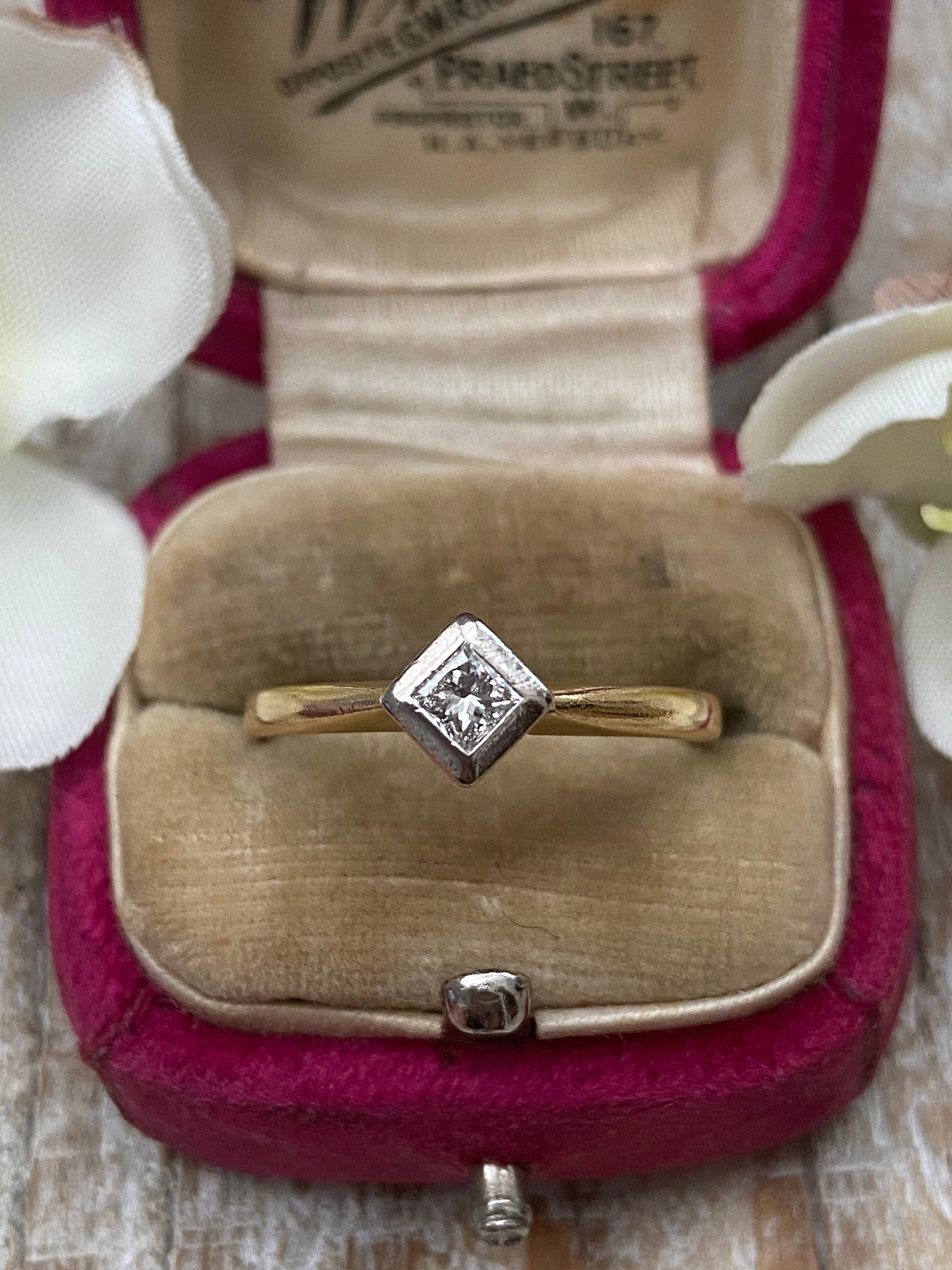 Vintage Princess Cut Diamond Solitaire Ring 18 Carat Gold