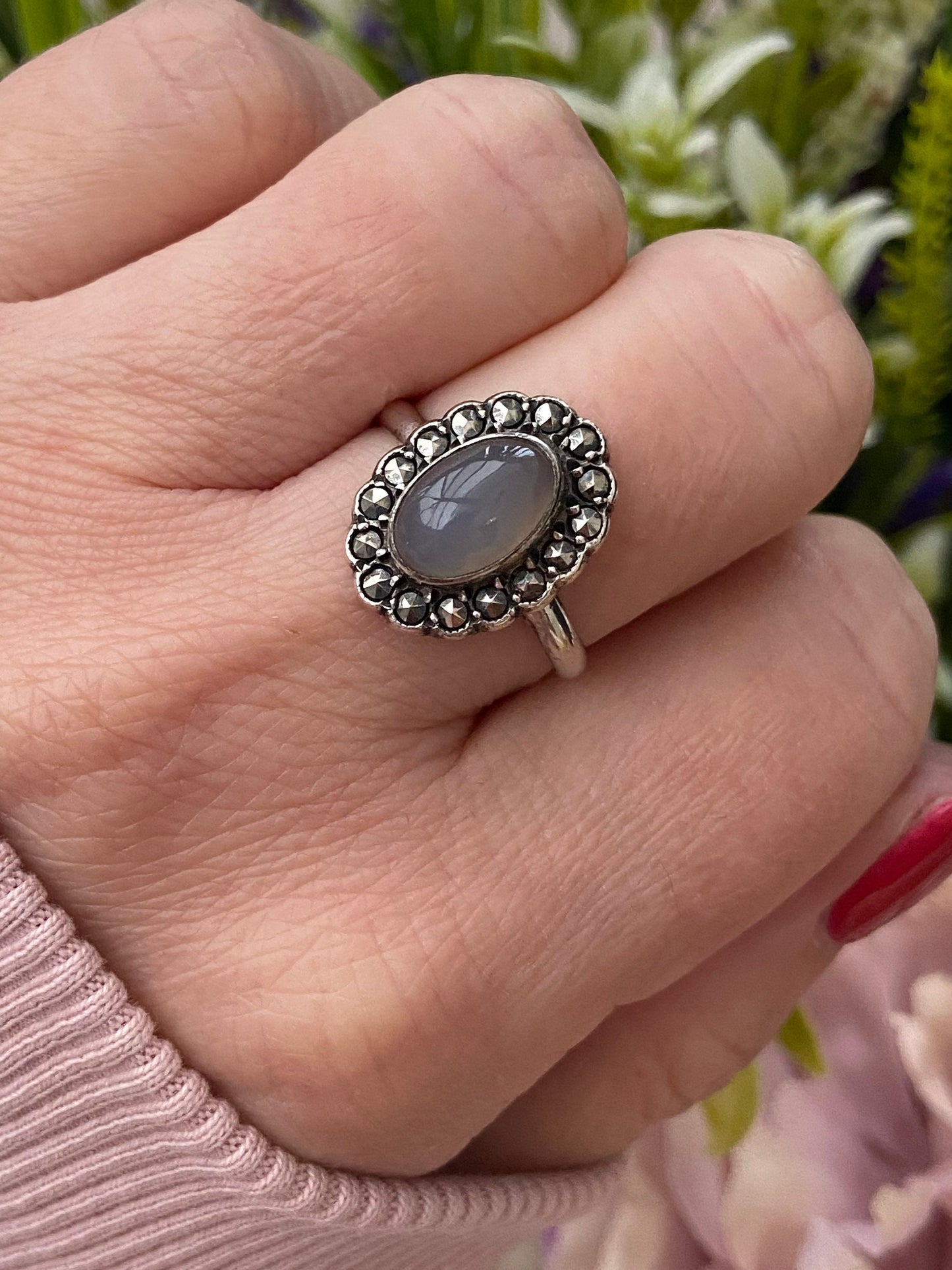 Vintage Moonstone and Marcasite Statement Ring Silver