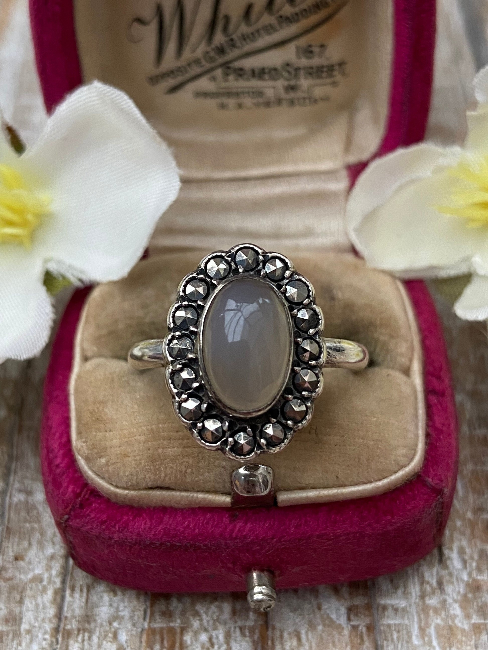 Vintage Moonstone and Marcasite Statement Ring Solid Silver