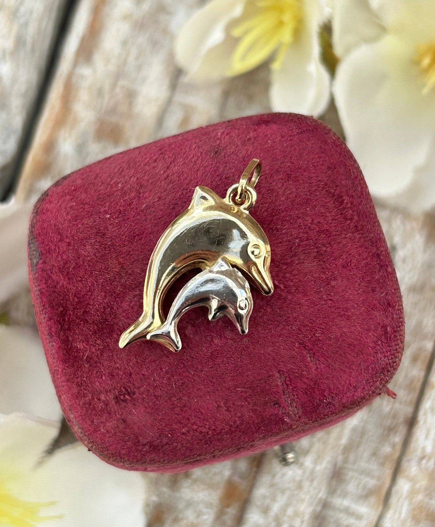 Vintage Double Dolphin Pendant Charm Two Tone 9 Carat Gold