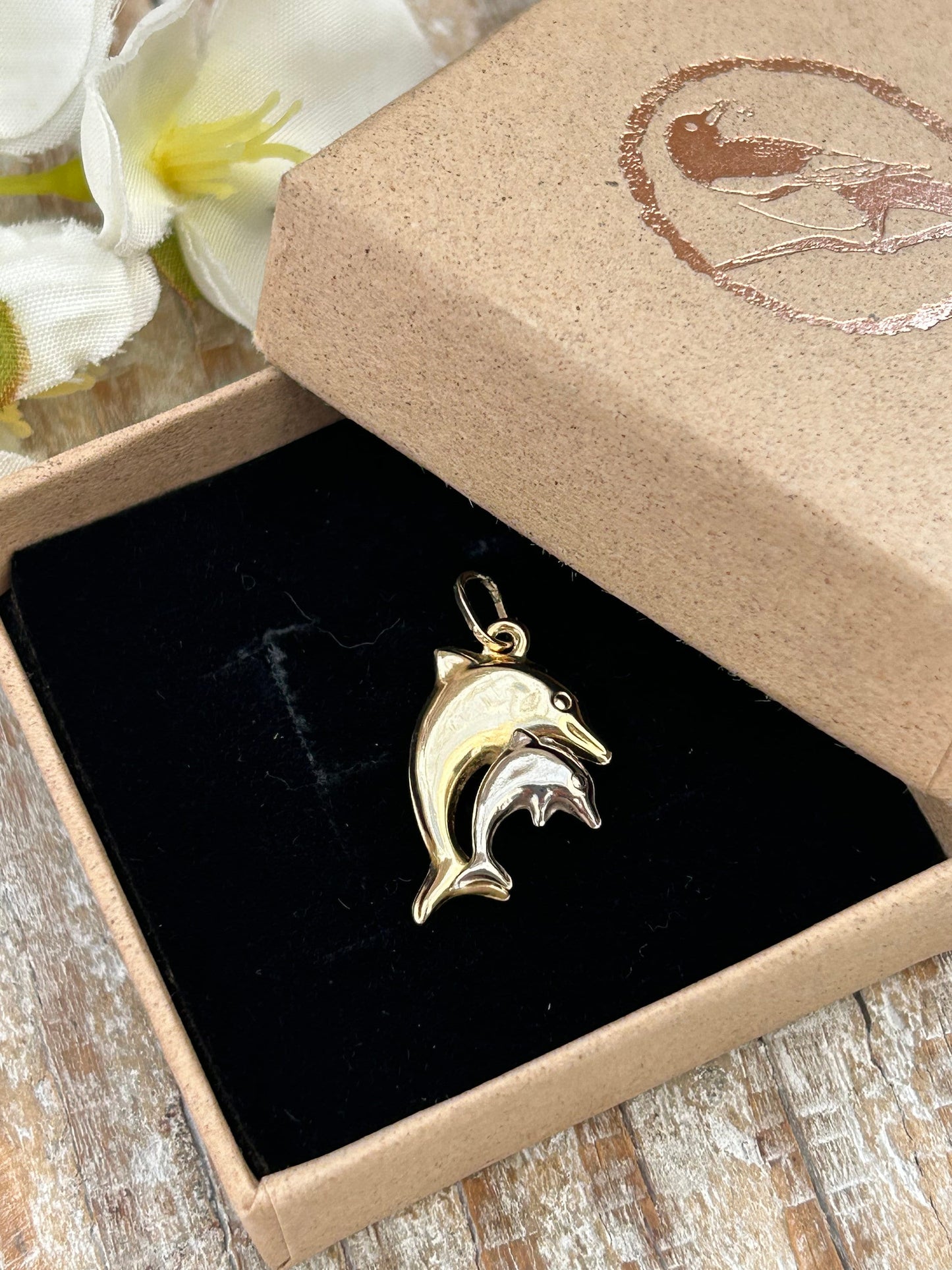 Vintage Double Dolphin Pendant Charm Two Tone 9 Carat Gold