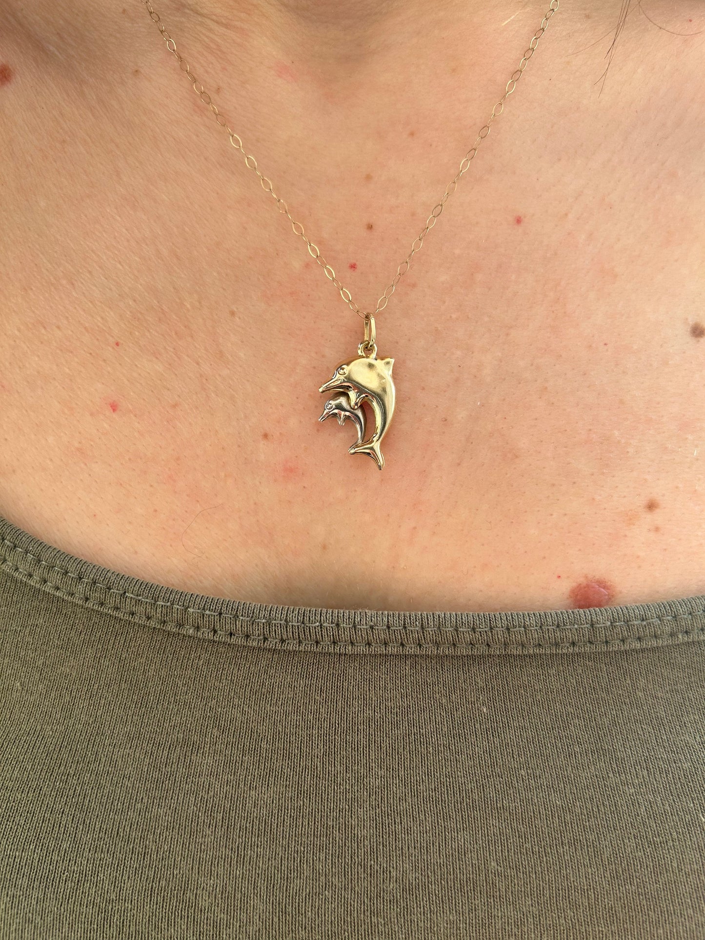 Vintage Double Dolphin Pendant Charm Two Tone 9 Carat Gold